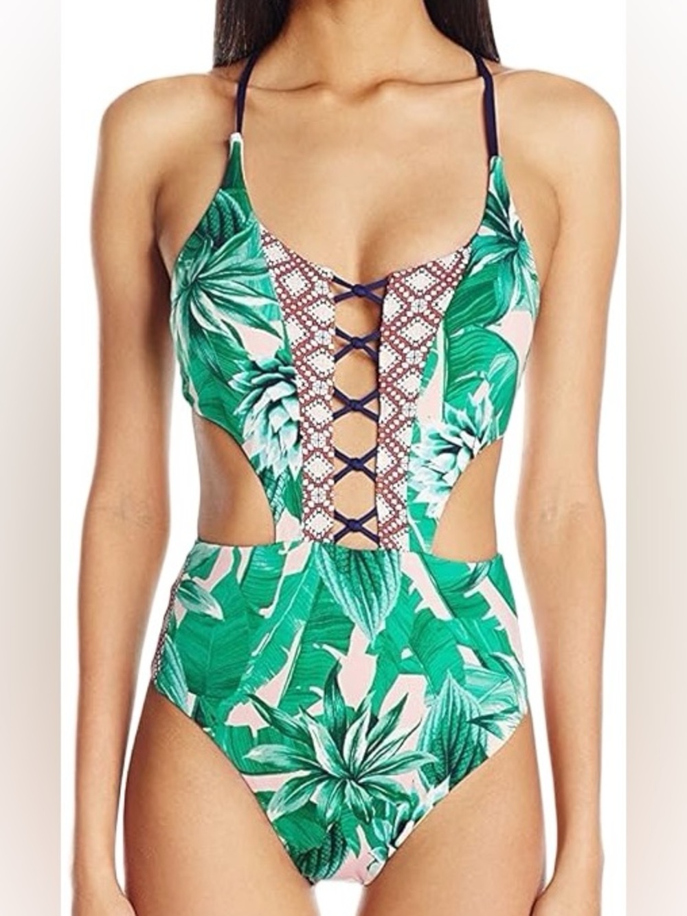 Sperry Top-Sider Tropical 1-Piece Swimsuit Leaf Print Cut Out Braided -Small EUC - Picture 9 of 11